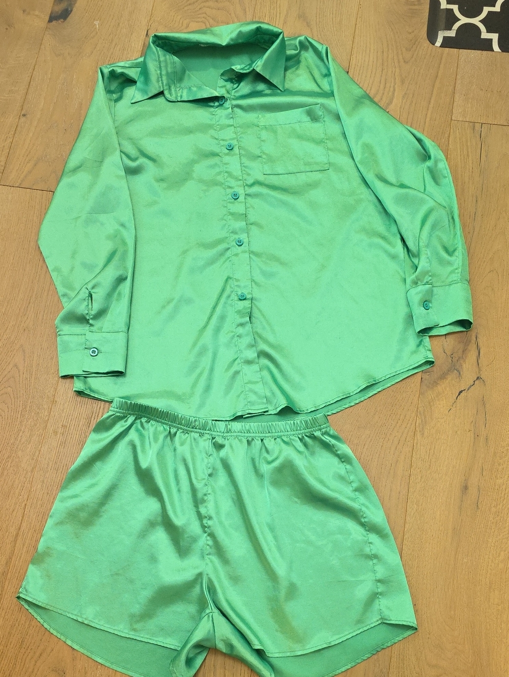 Green Satin Button-Up Pajama Set